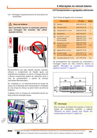 5.8 Componentes e agregados adicionais
5 Alterações no veículo básico
102
Diretrizes para Montagem de Implementos Rodoviários e Equipamentos em caminhões Mercedes-Benz, data: 27/05/21
! Observar as indicações relativas às alterações ! Sempre imprimir capítulos completos na versão atualizada.
i

5.8.1 Montagem/reposicionamento do reservatório de
combustível
Recomendamos que seja utilizado tanques, suportes,
reforços e componentes de fixação iguais aos
originalmente instalados no veículo. O tanque adicional
e demais componentes podem ser adquiridos junto a
rede de concessionário e postos de serviços
autorizados Mercedes-Benz.
Na instalação ou no reposicionamento do tanque de
tanque de combustível será imprescindível a instalação
de uma chapa de reforço na parte interna da alma da
longarina.
A ligação entre os tanques de combustível deverá ser
feita conforme ilustração abaixo.
No prolongamento das tubulações de combustível a
montagem deverá ser feita conforme descrito no
capítulo “Montagem de conexões em tubulações
plásticas (Tecalon)”  página 97.
G Risco de Acidente
Não é permitido aquecer as tubulações plásticas
para montagem das conexões. Não utilizar
soprador térmico.
Tab 5: Peças de ligação entre os tanques
Denominação Nº peça Quant.
1 Suportes A695 475 01 40 2
2 Tubo guia metal A693 476 01 78 1
3 Cotovelos M16 x 1,5 mm A388 429 70 38 2
4 Abraçadeiras A383 995 00 01 2
5 Porca M14 x 1,5 mm
Anel de vedação
Anel de pressão
N080705014001
A388 997 72 45
A388 476 70 20
2 kit
6 Porca M16 x 1,5 mm
Anel de vedação
Anel de pressão
N080705016003
A388 997 71 45
A308 429 70 27
2 kit
7 Registro M16 x 1,5 mm A388 997 79 36 1
8 Conexão espiga
Porca da conexão espiga
A403 990 01 67
N915 017 010 200
2 kit
9 Tubulação plástica Ø 13 mm A011 997 09 82 2 m
i Informação
Para os torque de fixação dos suportes e cintas do
tanque de combustível, consultar o capítulo
“Momento de aperto (torque) para fixação dos
componentes do veículo”  página 64.
 