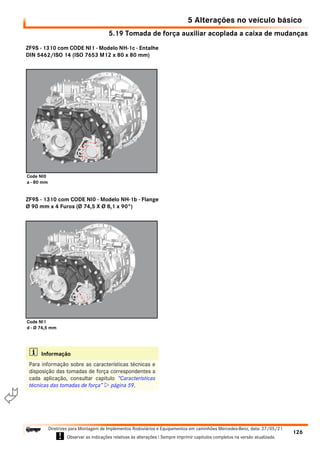 5.19 Tomada de força auxiliar acoplada a caixa de mudanças
5 Alterações no veículo básico
126
Diretrizes para Montagem de Implementos Rodoviários e Equipamentos em caminhões Mercedes-Benz, data: 27/05/21
! Observar as indicações relativas às alterações ! Sempre imprimir capítulos completos na versão atualizada.
i

ZF9S - 1310 com CODE NI1 - Modelo NH-1c - Entalhe
DIN 5462/ISO 14 (ISO 7653 M12 x 80 x 80 mm)
ZF9S - 1310 com CODE NI0 - Modelo NH-1b - Flange
Ø 90 mm x 4 Furos (Ø 74,5 X Ø 8,1 x 90°)
i Informação
Para informação sobre as características técnicas e
disposição das tomadas de força correspondentes a
cada aplicação, consultar capitulo “Características
técnicas das tomadas de força”  página 59.
Code NI0
a - 80 mm
Code NI1
d - Ø 74,5 mm
 