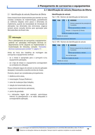 2.1 Identificação do veículo/Desenhos de Oferta
18
Diretrizes para Montagem de Implementos Rodoviários e Equipamentos em caminhões Mercedes-Benz, data: 27/05/21
! Observar as indicações relativas às alterações ! Sempre imprimir capítulos completos na versão atualizada.
i

2 Planejamento de carrocerias e equipamentos
2.1 Identificação do veículo/Desenhos de Oferta
Estes chassis foram desenvolvidos para atender as mais
variadas condições de implementação, possibilitando
as melhores relações entre pesos e dimensões do
implemento, quando da necessidade de introdução de
alterações nas dimensões dos entre-eixos, exige-se
sempre previa consulta técnica para aprovação pela
Mercedes-Benz do Brasil Ltda.
Antes do inicio dos trabalhos de montagem das
carroçarias e equipamentos verificar:
- se o chassi é apropriado para a carroçaria e/ou
equipamento planejado;
- se o tipo de chassi e o equipamento correspondem
as condições de utilização.
Para a utilização segura do veículo na área de aplicação
desejada é necessária a escolha correta do chassi.
Portanto, devem ser consideradas principalmente;
• distância entre eixos,
• motorização (Torque/Potência )
• caixa de mudanças (tipo/relação),
• relação de transmissão de eixo,
• peso bruto total técnico admissível,
• centro de gravidade
• e indicações legais (por exemplo: para-choque
inferior) no planejamento e se estão adequados à
correspondente aplicação.
Identificação do veículo
i Informação
Para o planejamento de carroçarias e equipamentos
poderão ser solicitadas informações técnicas ao
departamento D/VC (Suporte ao Implementador e
Customização de Veículos), consulte “Consultas
técnicas e pessoas para contato”  página 17.
Tab 1: FIN - Número de identificação do fabricante
9BM 958 170 1 D XXXXXX
Número sequencial de produção de
5 posições
Fábrica que produziu o veículo
Direção: (1) Esquerda (2) Direita
Versão do modelo de veículo
Modelo do veículo
Identificação internacional do fabricante
Tab 2: VIN - Número de identificação do veículo
9BM 958 170 7 B XXXXXX
Número sequencial de produção de
5 posições
Fábrica que produziu o veículo
Ano de fabricação
Versão do modelo de veículo
Modelo do veículo
Identificação internacional do fabricante
 