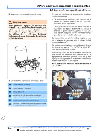 2.9 Consumidores pneumáticos adicionais
2 Planejamento de carrocerias e equipamentos
31
Diretrizes para Montagem de Implementos Rodoviários e Equipamentos em caminhões Mercedes-Benz, data: 27/05/21
! Observar as indicações relativas às alterações ! Sempre imprimir capítulos completos na versão atualizada.
i

2.9 Consumidores pneumáticos adicionais No caso da montagem de equipamentos auxiliares,
deve-se observar que:
- Os equipamentos auxiliares, com consumo de ar
elevado ou contínuo, deverão ter um compressor
auxiliar de maior capacidade.
- Os equipamentos auxiliares com baixo consumo de
ar, poderão ser ligados diretamente na válvula de
proteção de quatro vias “APU”, pórtico “24” ou “26”,
caso estejam protegidos por uma válvula de retenção
(pressão de abertura de 7,3 a 7,5 bar).
Os circuitos de ar comprimido estão protegidos entre si
por 4 válvulas de descarga, com o refluxo limitado
dentro da válvula APU.
Os equipamentos auxiliares consumidores só deverão
ser ligados aos pórticos “24” ou “26” da válvula APU,
com pressão máxima de 8,5 bar.
Existem disponíveis nos veículos blocos distribuidores
que podem ser utilizados para tomada de ar de
equipamentos adicionais (Pórtico 26 da APU). Para
ligação da tubulação deve-se acrescentar uma conexão,
número A645 990 04 78, no suporte.
Bloco distribuidor localizado no chassi ao lado da
válvula APU.
G Risco de acidente
Não é permitido a ligação e/ou derivação dos
pórticos 21 e 22 da válvula APU, bem como, nas
tubulações e conexões provenientes destes para
alimentação de equipamentos auxiliares.
Os pórticos 21 e 22 são destinadas
exclusivamente para alimentação dos sistemas
de freio do veículo.
Tab 6: Válvula APU - Pórticos de alimentação de ar
21 Circuito dos freios I (Traseiro)
22 Circuito dos freios II (Dianteiro)
23 Reboque (Opcional)
24
Acionamento da embreagem, caixa de mudança,
equipamentos auxiliares e suspensor do eixo de arrasto
25 Freio de estacionamento (cilindro combinado)
26
Freio motor e equipamentos auxiliares (Opcionais; coluna
da direção, banco e tomada de ar auxiliar)
 