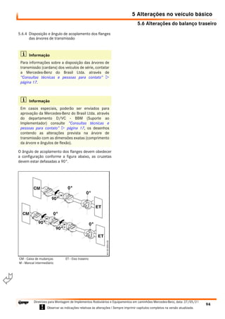 5.6 Alterações do balanço traseiro
5 Alterações no veículo básico
94
Diretrizes para Montagem de Implementos Rodoviários e Equipamentos em caminhões Mercedes-Benz, data: 27/05/21
! Observar as indicações relativas às alterações ! Sempre imprimir capítulos completos na versão atualizada.
i

5.6.4 Disposição e ângulo de acoplamento dos flanges
das árvores de transmissão
O ângulo de acoplamento dos flanges devem obedecer
a configuração conforme a figura abaixo, as cruzetas
devem estar defasadas a 90°.
i Informação
Para informações sobre a disposição das árvores de
transmissão (cardans) dos veículos de série, contatar
a Mercedes-Benz do Brasil Ltda. através de
“Consultas técnicas e pessoas para contato” 
página 17.
i Informação
Em casos especiais, poderão ser enviados para
aprovação da Mercedes-Benz do Brasil Ltda. através
do departamento D/VC - BBM (Suporte ao
Implementador) consulte “Consultas técnicas e
pessoas para contato”  página 17, os desenhos
contendo as alterações prevista na árvore de
transmissão com as dimensões exatas (comprimento
da árvore e ângulos de flexão).
CM - Caixa de mudanças
M - Mancal intermediário
ET - Eixo traseiro
 