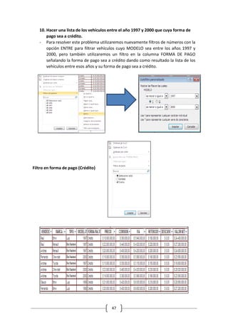 47
10. Hacer una lista de los vehículos entre el año 1997 y 2000 que cuya forma de
pago sea a crédito.
- Para resolver este problema utilizaremos nuevamente filtros de números con la
opción ENTRE para filtrar vehículos cuyo MODELO sea entre los años 1997 y
2000, pero también utilizaremos un filtro en la columna FORMA DE PAGO
señalando la forma de pago sea a crédito dando como resultado la lista de los
vehículos entre esos años y su forma de pago sea a crédito.
Filtro en forma de pago (Crédito)
 