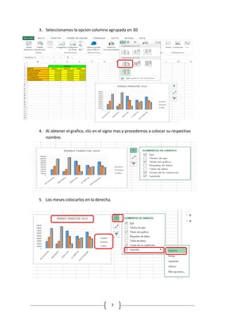 7
3. Seleccionamos la opcion columna agrupada en 3D
4. Al obtener el grafico, clic en el signo mas y procedemos a colocar su respectivo
nombre.
5. Los meses colocarlos en la derecha.
 