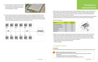 Instalación y
mantenimiento
1. Biodigestor Rotoplas
•Preveer futuras construcciones o ampliaciones de la vivienda (como galpones, quinchos o garajes). Aunque el Bio-
digestor y las Campo de infiltración están ubicados bajo tierra, hay que tener en cuenta que no se pueden hacer
construcciones ni transitar con vehículos sobre ellos. El espacio ocupado por el sistema de tratamientos podrá
incorporarse al parque de la casa, ya que sobre ellos se puede caminar, circular en bicicleta, cultivar un jardín, etc.
Una vez ubicado en el terreno el sistema se dará comienzo a la instalación:
•Biodigestor Rotoplas y cámara de extracción de lodos.
•Campo de infiltración.
Instalación
A. La profundidad de excavación será determinada por la altura del equipo y por la profundidad alcanzada por la tube
-
C. En plantas industriales, reemplazando plantas de tra-
tamiento de efluentes cloacales, en estos casos se
utilizan equipos de gran capacidad o colocando ba -
terías de biodigestores en paralelo.
D. En redes cloacales existentes que han quedado obsoletas por la creciente densidad de población, se puede
poner en régimen dicha planta conectando en el excedente antes de la red biodigestores, enviando a la red
efluente tratado, por ejemplo, una planta diseñada para 100 viviendas en donde hay conectadas 250 se deben
instalar biodigestores en el excedente, es decir, en 150 viviendas de esta forma se envía a la red sólo el efluente
crudo de 100 unidades asegurando el perfecto funcionamiento de la misma.
Distancia a Biodigestor
Cámaras de
infiltración
Curso de agua superficial 15 m 15 m
Pozo de agua potable privado 15 m 30 m
Pozo de agua potable público 150 m 150 m
Líneas de agua 3 m 8 m
Límites del terreno 1,5 m 1,5 m
Edificaciones 4,5 m 9 m
Antes de empezar con la instalación, se debe replantear el sistema (Biodigestor Rotoplas y Campo de infiltración). Para
ubicar el sistema de tratamientos de efluentes cloacales Rotoplas, en el terreno es necesario seguir algunas pautas:
•Escoger una zona alta, en la que no se formen charcos o se inunde cuando llueve, de no tener este espacio dispo -
nible se deberá rellenar luego de realizada la instalación.
•Mantener la mayor distancia posible desde el sistema de tratamiento de efluentes cloacales Rotoplas a cuerpos de agua
supeeficiales (lagunas o arroyos), a perforaciones de extracción de agua, a los límites del terreno y edificaciones.
Distancias recomendadas:
• Cuando el nivel freático esté alto, extraiga el agua bombeándola hasta que permita la instalación
Elimine las piedras filosas que puedan dañar al tanque.
del Biodigestor
• Compacte el suelo antes de la colocación del Biodigestor
• La profundidad máxima a la que se debe enterrar el Biodigestor es de 10 cm
Guía de instalación 13
Guía de instalación 12
 