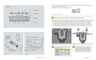 3. Mantenimiento
F.Tapar el sistema con un mínimo de 30 cm de tapada dejando en la superficie una lomada para que al asentarse
G.Configuraciones minimas sin realizar prueba de suelo.
la tierra no quede bajo el nivel de suelo.
figura 8
figura 7
Antes de dar mantenimiento, destape el tanque y deje ventilar durante 10 minutos.
Biodigestor BDR600 BDR1300 BDR3000
Usuarios
(zona rural)
5 10 20
Purga anual 100 200 400
Cal para
mezclado(Kg)
10 20 40
BDR 600 24
BDR 1300 36
BDR 3000 108
Adicionar cal en polvo al lodo extraído para
eliminar microorganismos. La cantidad de
ambos depende del tamaño del Biodigestor y
la frecuencia de mantenimiento (ver tabla 2)
Revuelva 20 minutos, utilizando una pala.
Tabla 2: Purga de lodo y cantidad de cal para
mantenimiento cada año
A. El período de extracción de lodos estabilizados, será realizado preferentemente en períodos estivales (12 a 24 meses).
B. La primera extracción de lodos estabilizados debe realizarse a los 12 meses de la fecha de inicio de utilización,
de esa forma será posible estimar el intervalo necesario entre las operaciones, de acuerdo con el volumen de
lodos acumulados en el biodigestor. Ejemplo: si el volumen del lodo extraído fue menor que la capacidad de la
cámara de extracción de lodos (abajo de la válvula), aumentar el intervalo entre las extracciones; caso contrario,
Figura 3
Figura 2
Caño 110mm
Perforado
Pasto
Tierra
Geotextil
Caños
perforados
40cm de escombro
Estacas de demarcación
60cm
40cm
1,50 cm
45
45
Figura 4
Máximo 30 metros
1,80m
0,60m
Tapa
Biodigestor
PiezaT de PVC
Codo de PVC
Zanjas
Caños de PVC perforados a ambos lados
Estacas para marcar el área de clavado
Guía de instalación 17
Guía de instalación 16
Tuberia ranurada
Tela Geotextil
Metros lineales
Tapada tierra min. 30 cm
Piedra partida
Punto fijo
Corte C.I.
 
