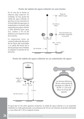 24 Puntos de salida de agua caliente en una vivienda
Punto de salida de agua caliente en una ducha
En el caso de la ducha se
observa algo especial. En
realidad, no hay punto de
salida de agua caliente; lo
que hay es una conexión en
el mezclador de agua que va
empotrado en la pared, lado
izquierdo para agua caliente
y lado derecho para agua
fría, ambos a 10 cm de
distancia con respecto al eje
de la ducha.
Es importante tener en
cuenta la altura de ubicación
de las llaves del mezclador
y la salida del brazo de la
ducha porque estas medidas
se adaptan al tamaño de las
personas.
Punto de salida de agua caliente en un calentador de agua
Al igual que en los otros aparatos sanitarios, la salida de agua caliente va a la izquierda
mediante un codo galvanizado a una distancia de 10 cm con relación al eje del calentador
y a una altura de 1,50 m respecto al piso.
Las termas eléctricas
llevan como punto de
desagüe un codo de 2”
de 90° a 1,30 m de
altura en el eje del
aparato
TERMA
Salida de
agua
caliente
10 cm 10 cm
Eje de la terma
1,50 m
Punto de
salida de agua
90–100 cm
Altura
Llaves de ducha con
mezclador empotrado
en la pared
N.P.T.
Eje de ducha
10 cm10 cm
100 – 110 cm
Altura
 