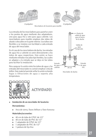 27
(4 pulgadas) (8 pulgadas)
Mezcladores de lavatorio para mueble
Las entradas de los mezcladores para pared se unen
a los puntos de agua mediante dos adaptadores,
uno para agua fría y otro para agua caliente. Los
mezcladores para mueble emplean dos tubos de
abasto colocados en la parte inferior. Los tubos son
flexibles y se instalan con facilidad a cada entrada
de agua del mezclador.
En el caso de los mezcladores de ducha, las entradas
de agua fría y caliente se unen directamente a los
tubos de agua respectivos. Esta unión se hace
mediante entradas roscadas tipo hembra, las cuales
se adaptan a la entrada que se deja en los tubos
para facilitar la instalación.
Para asegurar la unión entre los tubos de agua y las
entradas del mezclador es común emplear cinta de
teflón. Este material permite sellar la unión evitando
fugas o filtraciones de agua y soporta alta
temperatura.
actividades
◆ Instalación de un mezclador de lavatorio:
Herramientas:
■ Arco de sierra, llaves Stillson y llave francesa
Materiales/accesorios:
■ 40 cm de tubo de CPVC de 1/2”
■ 40 cm de tubo de PVC de 1/2”
■ 1 adaptador de CPVC de 1/2”
■ 1 adaptador de PVC de 1/2”
■ 1 pedazo de lija fina
Punto de
salida de agua
para el brazo
de la ducha
Salida de
agua
temperada
Entrada
de agua
caliente 20 cm
Entrada
de agua
fría
Mezcladores de agua fría y caliente
Mezclador de ducha
 