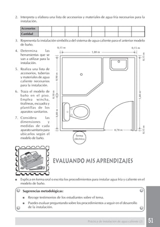 51Práctica de instalación de agua caliente (2)
2. Interpreta y elabora una lista de accesorios y materiales de agua fría necesarios para la
instalación.
Accesorios
Cantidad
3. Representa la instalación simbólica del sistema de agua caliente para el anterior modelo
de baño.
4. Determina las
herramientas que se
van a utilizar para la
instalación.
5. Realiza una lista de
accesorios, tuberías
y materiales de agua
caliente necesarios
para la instalación.
6. Traza el modelo de
baño en el piso.
Emplea wincha,
tiralíneas, escuadra y
plantillas de los
aparatos sanitarios.
7. Considera las
dimensiones y
medidas de cada
aparato sanitario para
ubicarlos según el
modelo de baño.
Sugerencias metodológicas:
■ Recoge testimonios de los estudiantes sobre el tema.
■ Puedes evaluar preguntando sobre los procedimientos a seguir en el desarrollo
de la instalación.
evaluando mis aprendizajes
■ Explica en forma oral o escrita los procedimientos para instalar agua fría y caliente en el
modelo de baño.
0,15 m 0,15 m
0,15m0,15m
1,80 m
1,80m
0,90m0,80m
0,10m
0,70 m
Terma
eléctrica
 