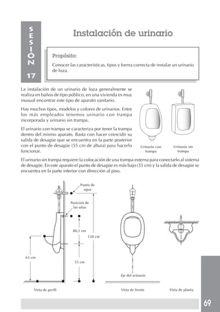 69
Instalación de urinario
Propósito:
Conocer las características, tipos y forma correcta de instalar un urinario
de loza.
S
E
S
I
Ó
N
17
La instalación de un urinario de loza generalmente se
realiza en baños de tipo público, en una vivienda es muy
inusual encontrar este tipo de aparato sanitario.
Hay muchos tipos, modelos y colores de urinarios. Entre
los más empleados tenemos urinario con trampa
incorporada y urinario sin trampa.
El urinario con trampa se caracteriza por tener la trampa
dentro del mismo aparato. Basta con hacer coincidir su
salida de desagüe que se encuentra en la parte posterior
con el punto de desagüe (55 cm de altura) para hacerlo
funcionar.
El urinario sin trampa requiere la colocación de una trampa externa para conectarlo al sistema
de desagüe. En este aparato el punto de desagüe es más bajo (35 cm) y la salida de desagüe se
encuentra en la parte inferior con dirección al piso.
Vista de perfil
Punto de
agua
Posición de
las uñas
80,5 cm
128 cm
65 cm
55 cm
Vista de frente Vista de planta
Eje del urinario
Urinario con
trampa
Urinario sin
trampa
 