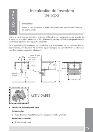 77
Instalación de lavadero
de ropa
Propósito:
Conocer las características, tipos y forma de instalar un lavadero de ropa
en una vivienda.
S
E
S
I
Ó
N
19
Como se mencionó en anteriores sesiones, el lavadero de ropa puede ser de granito, de
acero aporcelanado o prefabricado. En cada uno de los tipos de lavadero se puede instalar
sistemas de agua fría o de agua fría y caliente.
En el siguiente gráfico observa las características y dimensiones de un lavadero de ropa
aporcelanado, con la altura del punto de agua y desagüe, así como también la altura a la
que debe quedar asegurado a la pared.
actividades
◆ Instalación de lavadero de ropa:
Herramientas:
■ Arco de sierra, llave Stillson, llave francesa, martillo y taladro
Materiales/accesorios:
■ 1 lavadero de ropa
Posición de
las uñas
22 cm
Punto de
desagüe
45 cm
35 cm
100 cm
Punto de agua
31 cm
90 cm
45 cm
46 cm
 