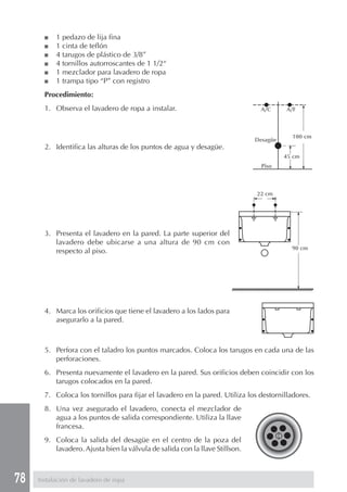 78
■ 1 pedazo de lija fina
■ 1 cinta de teflón
■ 4 tarugos de plástico de 3/8”
■ 4 tornillos autorroscantes de 1 1/2“
■ 1 mezclador para lavadero de ropa
■ 1 trampa tipo “P” con registro
Procedimiento:
1. Observa el lavadero de ropa a instalar.
2. Identifica las alturas de los puntos de agua y desagüe.
3. Presenta el lavadero en la pared. La parte superior del
lavadero debe ubicarse a una altura de 90 cm con
respecto al piso.
4. Marca los orificios que tiene el lavadero a los lados para
asegurarlo a la pared.
5. Perfora con el taladro los puntos marcados. Coloca los tarugos en cada una de las
perforaciones.
6. Presenta nuevamente el lavadero en la pared. Sus orificios deben coincidir con los
tarugos colocados en la pared.
7. Coloca los tornillos para fijar el lavadero en la pared. Utiliza los destornilladores.
8. Una vez asegurado el lavadero, conecta el mezclador de
agua a los puntos de salida correspondiente. Utiliza la llave
francesa.
9. Coloca la salida del desagüe en el centro de la poza del
lavadero. Ajusta bien la válvula de salida con la llave Stillson.
Instalación de lavadero de ropa
A/C A/F
100 cm
Desagüe
45 cm
Piso
22 cm
90 cm
 