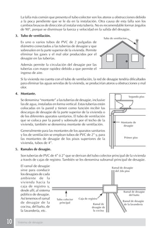 10 Sistema de desagüe
La falla más común que presenta el tubo colector son los atoros u obstrucciones debido
a la poca pendiente que se le da en la instalación. Otra causa de esta falla son los
cambios bruscos de dirección al instalar esta tubería. No es recomendable formar ángulos
de 90°, porque se disminuye la fuerza y velocidad en la salida del desagüe.
3. Tubo de ventilación.
Es uno o varios tubos de PVC de 2 pulgadas de
diámetro conectados a las tuberías de desagüe y que
sobresalen en la parte superior de la vivienda. Permite
eliminar los gases y el mal olor producidos por el
desagüe en las tuberías.
Además permite la circulación del desagüe por las
tuberías con mayor rapidez debido a que permite el
ingreso de aire.
Si la vivienda no cuenta con el tubo de ventilación, la red de desagüe tendría dificultades
para eliminar las aguas servidas de la vivienda, se producirían atoros u obstrucciones y mal
olor.
4. Montante.
Se denomina “montante” a las tuberías de desagüe, inclusive
las de agua, instaladas en forma vertical. Estas tuberías están
colocadas en la pared y tienen como función recibir las
descargas de desagüe de la parte superior de la vivienda o
de los diferentes aparatos sanitarios. El tubo de ventilación
que se coloca por la pared y sobresale por el techo de la
vivienda, también se denomina montante de ventilación.
Generalmente para las montantes de los aparatos sanitarios
y los de ventilación se emplean tubos de PVC de 2” y, para
las montantes de desagüe de los pisos superiores de la
vivienda, tubos de 4”.
5. Ramales de desagüe.
Son tuberías de PVC de 4” ó 2” que se derivan del tubo colector principal de la vivienda
a través de cajas de registro. También se les denomina subramal principal de desagüe.
El ramal de desagüe
sirve para conducir
los desagües de cada
ambiente de la
vivienda hacia la
caja de registro y,
desde allí, al sistema
público de desagüe.
Así tenemos el ramal
de desagüe de la
cocina, del baño, de
la lavandería, etc.
Tubo de ventilacion
Segundo piso
Primer piso
Montante de
desagüe
Tubo colector
principal
Caja de registro
Ramal de desagüe
del 2do piso
Ramal de desagüe
del baño
Ramal de
desagüe de
la cocina
Ramal de desagüe
de la lavandería
 