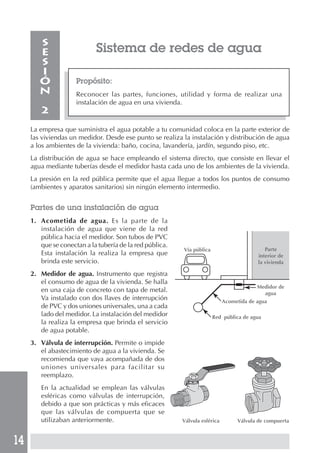 14
Sistema de redes de agua
Propósito:
Reconocer las partes, funciones, utilidad y forma de realizar una
instalación de agua en una vivienda.
S
E
S
I
Ó
N
2
La empresa que suministra el agua potable a tu comunidad coloca en la parte exterior de
las viviendas un medidor. Desde ese punto se realiza la instalación y distribución de agua
a los ambientes de la vivienda: baño, cocina, lavandería, jardín, segundo piso, etc.
La distribución de agua se hace empleando el sistema directo, que consiste en llevar el
agua mediante tuberías desde el medidor hasta cada uno de los ambientes de la vivienda.
La presión en la red pública permite que el agua llegue a todos los puntos de consumo
(ambientes y aparatos sanitarios) sin ningún elemento intermedio.
Partes de una instalación de agua
1. Acometida de agua. Es la parte de la
instalación de agua que viene de la red
pública hacia el medidor. Son tubos de PVC
que se conectan a la tubería de la red pública.
Esta instalación la realiza la empresa que
brinda este servicio.
2. Medidor de agua. Instrumento que registra
el consumo de agua de la vivienda. Se halla
en una caja de concreto con tapa de metal.
Va instalado con dos llaves de interrupción
de PVC y dos uniones universales, una a cada
lado del medidor. La instalación del medidor
la realiza la empresa que brinda el servicio
de agua potable.
3. Válvula de interrupción. Permite o impide
el abastecimiento de agua a la vivienda. Se
recomienda que vaya acompañada de dos
uniones universales para facilitar su
reemplazo.
En la actualidad se emplean las válvulas
esféricas como válvulas de interrupción,
debido a que son prácticas y más eficaces
que las válvulas de compuerta que se
utilizaban anteriormente. Válvula esférica Válvula de compuerta
Vía pública
Red pública de agua
Acometida de agua
Medidor de
agua
Parte
interior de
la vivienda
 