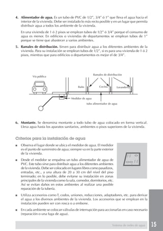 15
6. Montante. Se denomina montante a todo tubo de agua colocado en forma vertical.
Lleva agua hasta los aparatos sanitarios, ambientes o pisos superiores de la vivienda.
Criterios para la instalación de agua
■ Observa el lugar donde se ubica el medidor de agua. El medidor
es el punto de suministro de agua; siempre va en la parte exterior
de la vivienda.
■ Desde el medidor se empalma un tubo alimentador de agua de
PVC. Este tubo sirve para distribuir agua a los diferentes ambientes
de la vivienda. Debe ser colocado en lugares libres como pasadizos,
entradas, etc., a una altura de 20 a 30 cm del nivel del piso
terminado; en lo posible, debe evitarse su instalación en zonas
principales de la vivienda como la sala, comedor, dormitorios, etc.
Así se evitan daños en estos ambientes al realizar una posible
reparación de la tubería.
■ Utiliza accesorios como T, codos, uniones, reducciones, adaptadores, etc. para derivar
el agua a los diversos ambientes de la vivienda. Los accesorios que se emplean en la
instalación pueden ser con rosca o a embone.
■ En cada ambiente se colocan válvulas de interrupción para accionarlas en caso necesario
(reparación o una fuga de agua).
4. Alimentador de agua. Es un tubo de PVC de 1/2”, 3/4” ó 1” que lleva el agua hacia el
interior de la vivienda. Debe ser instalado lo más recto posible y en un lugar que permita
distribuir agua a todos los ambiente de la vivienda.
En una vivienda de 1 ó 2 pisos se emplean tubos de 1/2” ó 3/4” porque el consumo de
agua es menor. En edificios o viviendas de departamentos se emplean tubos de 1”
porque se tiene que abastecer a varios ambientes.
5. Ramales de distribución. Sirven para distribuir agua a los diferentes ambientes de la
vivienda. Para su instalación se emplean tubos de 1/2”, si es para una vivienda de 1 ó 2
pisos, mientras que para edificios o departamentos es mejor el de 3/4”.
Sistema de redes de agua
Vía pública
Medidor de agua
Ramales de distribución
Baño Cocina Lavandería
tubo alimentador de agua
 