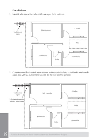 22
Procedimiento:
1. Identifica la ubicación del medidor de agua de la vivienda.
2. Conecta una válvula esférica con sus dos uniones universales a la salida del medidor de
agua. Esta válvula cumplirá la función de llave de control general.
Práctica de instalación de un sistema directo de abastecimiento de agua
Medidor de
agua
Sala comedor
Cocina
Dormitorio
Dormitorio
Patio
Baño
Medidor de
agua
Sala comedor
Cocina
Dormitorio
Dormitorio
Patio
Baño
Válvula esférica con
uniones universales
 