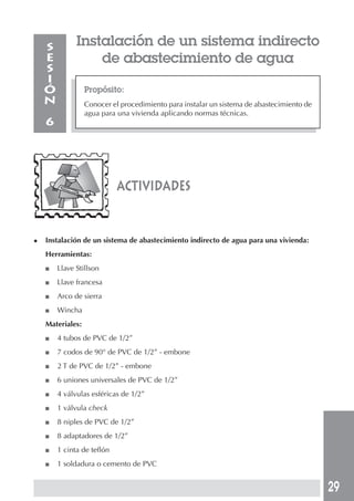 29
Propósito:
Conocer el procedimiento para instalar un sistema de abastecimiento de
agua para una vivienda aplicando normas técnicas.
S
E
S
I
Ó
N
6
actividades
Instalación de un sistema indirecto
de abastecimiento de agua
◆ Instalación de un sistema de abastecimiento indirecto de agua para una vivienda:
Herramientas:
■ Llave Stillson
■ Llave francesa
■ Arco de sierra
■ Wincha
Materiales:
■ 4 tubos de PVC de 1/2”
■ 7 codos de 90° de PVC de 1/2” - embone
■ 2 T de PVC de 1/2” - embone
■ 6 uniones universales de PVC de 1/2”
■ 4 válvulas esféricas de 1/2”
■ 1 válvula check
■ 8 niples de PVC de 1/2”
■ 8 adaptadores de 1/2”
■ 1 cinta de teflón
■ 1 soldadura o cemento de PVC
 