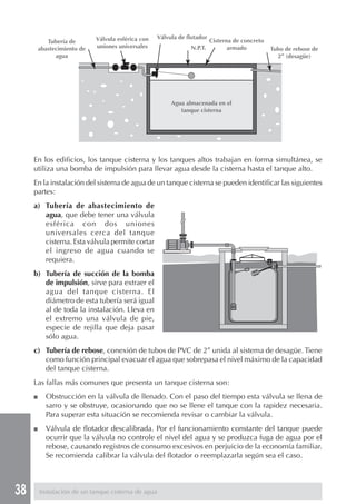 38
En los edificios, los tanque cisterna y los tanques altos trabajan en forma simultánea, se
utiliza una bomba de impulsión para llevar agua desde la cisterna hasta el tanque alto.
En la instalación del sistema de agua de un tanque cisterna se pueden identificar las siguientes
partes:
a) Tubería de abastecimiento de
agua, que debe tener una válvula
esférica con dos uniones
universales cerca del tanque
cisterna. Esta válvula permite cortar
el ingreso de agua cuando se
requiera.
b) Tubería de succión de la bomba
de impulsión, sirve para extraer el
agua del tanque cisterna. El
diámetro de esta tubería será igual
al de toda la instalación. Lleva en
el extremo una válvula de pie,
especie de rejilla que deja pasar
sólo agua.
c) Tubería de rebose, conexión de tubos de PVC de 2” unida al sistema de desagüe. Tiene
como función principal evacuar el agua que sobrepasa el nivel máximo de la capacidad
del tanque cisterna.
Las fallas más comunes que presenta un tanque cisterna son:
■ Obstrucción en la válvula de llenado. Con el paso del tiempo esta válvula se llena de
sarro y se obstruye, ocasionando que no se llene el tanque con la rapidez necesaria.
Para superar esta situación se recomienda revisar o cambiar la válvula.
■ Válvula de flotador descalibrada. Por el funcionamiento constante del tanque puede
ocurrir que la válvula no controle el nivel del agua y se produzca fuga de agua por el
rebose, causando registros de consumo excesivos en perjuicio de la economía familiar.
Se recomienda calibrar la válvula del flotador o reemplazarla según sea el caso.
Instalación de un tanque cisterna de agua
Agua almacenada en el
tanque cisterna
Tubería de
abastecimiento de
agua
Válvula esférica con
uniones universales
Válvula de flotador
N.P.T.
Cisterna de concreto
armado Tubo de rebose de
2” (desagüe)
 
