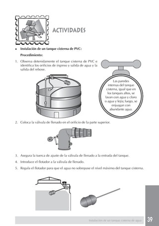 39
Las paredes
internas del tanque
cisterna, igual que en
los tanques altos, se
lavan con agua y cloro
o agua y lejía; luego, se
enjuagan con
abundante agua.
actividades
◆ Instalación de un tanque cisterna de PVC:
Procedimiento:
1. Observa detenidamente el tanque cisterna de PVC e
identifica los orificios de ingreso y salida de agua y la
salida del rebose.
2. Coloca la válvula de llenado en el orificio de la parte superior.
3. Asegura la tuerca de ajuste de la válvula de llenado a la entrada del tanque.
4. Introduce el flotador a la válvula de llenado.
5. Regula el flotador para que el agua no sobrepase el nivel máximo del tanque cisterna.
Instalación de un tanque cisterna de agua
 