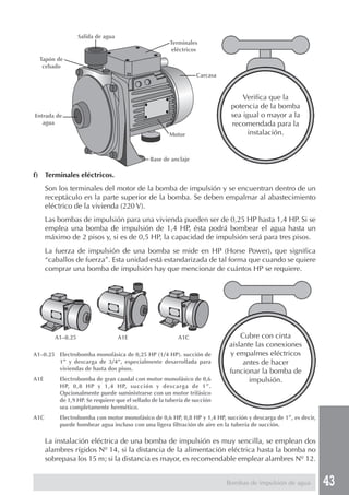 43
f) Terminales eléctricos.
Son los terminales del motor de la bomba de impulsión y se encuentran dentro de un
receptáculo en la parte superior de la bomba. Se deben empalmar al abastecimiento
eléctrico de la vivienda (220 V).
Las bombas de impulsión para una vivienda pueden ser de 0,25 HP hasta 1,4 HP. Si se
emplea una bomba de impulsión de 1,4 HP, ésta podrá bombear el agua hasta un
máximo de 2 pisos y, si es de 0,5 HP, la capacidad de impulsión será para tres pisos.
La fuerza de impulsión de una bomba se mide en HP (Horse Power), que significa
“caballos de fuerza”. Esta unidad está estandarizada de tal forma que cuando se quiere
comprar una bomba de impulsión hay que mencionar de cuántos HP se requiere.
Verifica que la
potencia de la bomba
sea igual o mayor a la
recomendada para la
instalación.
La instalación eléctrica de una bomba de impulsión es muy sencilla, se emplean dos
alambres rígidos Nº 14, si la distancia de la alimentación eléctrica hasta la bomba no
sobrepasa los 15 m; si la distancia es mayor, es recomendable emplear alambres Nº 12.
Cubre con cinta
aislante las conexiones
y empalmes eléctricos
antes de hacer
funcionar la bomba de
impulsión.
Bombas de impulsión de agua
A1–0.25 Electrobomba monofásica de 0,25 HP (1/4 HP). succión de
1” y descarga de 3/4”, especialmente desarrollada para
viviendas de hasta dos pisos.
A1E Electrobomba de gran caudal con motor monofásico de 0,6
HP, 0,8 HP y 1,4 HP, succión y descarga de 1”.
Opcionalmente puede suministrarse con un motor trifásico
de 1,9 HP. Se requiere que el sellado de la tubería de succión
sea completamente hermético.
A1C Electrobomba con motor monofásico de 0,6 HP, 0,8 HP y 1,4 HP, succión y descarga de 1”, es decir,
puede bombear agua incluso con una ligera filtración de aire en la tubería de succión.
Tapón de
cebado
Entrada de
agua
Salida de agua
Terminales
eléctricos
Carcasa
Motor
Base de anclaje
A1–0.25 A1E A1C
 