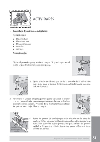 63
◆ Reemplazo de un inodoro defectuoso:
Herramientas:
■ Llave Stillson
■ Llave francesa
■ Destornilladores
■ Martillo
■ Alicates
Procedimiento:
actividades
1. Cierre el paso de agua y vacía el tanque. Si queda agua en el
fondo se puede eliminar con una esponja.
2. Quita el tubo de abasto que va de la entrada de la válvula de
ingreso de agua al tanque del inodoro. Afloja la tuerca loca con
la llave francesa.
3. Para retirar el tanque, afloja los pernos que se ubican en el interior
con un destornillador mientras que sostienes la tuerca desde el
exterior con los alicates. Procede de la misma forma con todos
los pernos hasta dejar libre el tanque.
4. Retira los pernos de anclaje que están situados en la base del
inodoro. Si hay alguna masilla antigua en ellos, debes rasparla, o
aplica un poco de aceite penetrante para soltar los pernos
oxidados. Si estos procedimientos no funcionan, utiliza una sierra
y corta los pernos.
Reparación y mantenimiento de un inodoro
Llave de paso
Quita la cápsula
protectora y el
tornillo
 