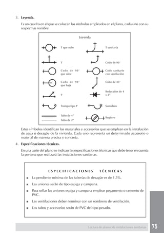 75
3. Leyenda.
Es un cuadro en el que se colocan los símbolos empleados en el plano, cada uno con su
respectivo nombre.
Estos símbolos identifican los materiales y accesorios que se emplean en la instalación
de agua o desagüe de la vivienda. Cada uno representa un determinado accesorio o
material de manera precisa y concreta.
4. Especificaciones técnicas.
En una parte del plano se indican las especificaciones técnicas que debe tener en cuenta
la persona que realizará las instalaciones sanitarias.
E S P E C I F I C A C I O N E S T É C N I C A S
■ La pendiente mínima de las tuberías de desagüe es de 1,5%.
■ Las uniones serán de tipo espiga y campana.
■ Para sellar las uniones espiga y campana emplear pegamento o cemento de
PVC.
■ Las ventilaciones deben terminar con un sombrero de ventilación.
■ Los tubos y accesorios serán de PVC del tipo pesado.
Lectura de planos de instalaciones sanitarias
Leyenda
T que sube
T
Codo de 90°
que sube
Codo de 90°
que baja
Y
Trampa tipo P
Tubo de 4”
Tubo de 2”
T sanitaria
Codo de 90°
Codo sanitario
con ventilación
Codo de 45°
Reducción de 4
x 2”
Sumidero
Registro
 