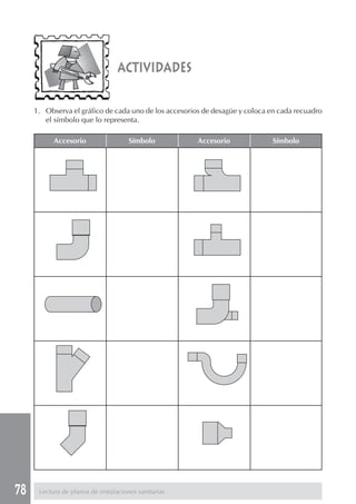 78 Lectura de planos de instalaciones sanitarias
actividades
1. Observa el gráfico de cada uno de los accesorios de desagüe y coloca en cada recuadro
el símbolo que lo representa.
Accesorio Símbolo Accesorio Símbolo
 