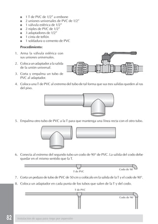 82
■ 1 T de PVC de 1/2” a embone
■ 2 uniones universales de PVC de 1/2”
■ 1 válvula esférica de 1/2”
■ 2 niples de PVC de 1/2”
■ 3 adaptadores de 1/2”
■ 1 cinta de teflón
■ 1 soldadura o cemento de PVC
Procedimiento:
1. Arma la válvula esférica con
sus uniones universales.
2. Coloca un adaptador a la salida
de la unión universal.
3. Corta y empalma un tubo de
PVC al adaptador.
4. Coloca una T de PVC al extremo del tubo de tal forma que sus tres salidas queden al ras
del piso.
6. Conecta al extremo del segundo tubo un codo de 90° de PVC. La salida del codo debe
quedar en el mismo sentido que la T.
5. Empalma otro tubo de PVC a la T para que mantenga una línea recta con el otro tubo.
7. Corta un pedazo de tubo de PVC de 50 cm y colócalo en la salida de laT y el codo de 90°.
8. Coloca un adaptador en cada punta de los tubos que salen de la T y del codo.
Instalación de agua para riego por aspersión
T de PVC
Codo de 90°
T de PVC
Codo de 90°
 