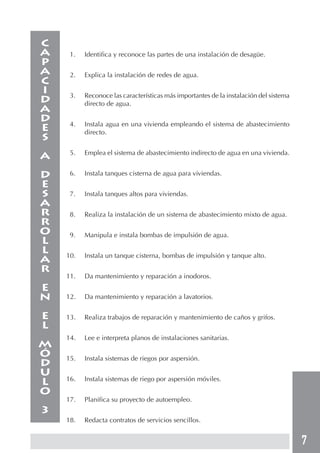 7
1. Identifica y reconoce las partes de una instalación de desagüe.
2. Explica la instalación de redes de agua.
3. Reconoce las características más importantes de la instalación del sistema
directo de agua.
4. Instala agua en una vivienda empleando el sistema de abastecimiento
directo.
5. Emplea el sistema de abastecimiento indirecto de agua en una vivienda.
6. Instala tanques cisterna de agua para viviendas.
7. Instala tanques altos para viviendas.
8. Realiza la instalación de un sistema de abastecimiento mixto de agua.
9. Manipula e instala bombas de impulsión de agua.
10. Instala un tanque cisterna, bombas de impulsión y tanque alto.
11. Da mantenimiento y reparación a inodoros.
12. Da mantenimiento y reparación a lavatorios.
13. Realiza trabajos de reparación y mantenimiento de caños y grifos.
14. Lee e interpreta planos de instalaciones sanitarias.
15. Instala sistemas de riegos por aspersión.
16. Instala sistemas de riego por aspersión móviles.
17. Planifica su proyecto de autoempleo.
18. Redacta contratos de servicios sencillos.
C
A
P
A
C
I
D
A
D
E
S
A
D
E
S
A
R
R
O
L
L
A
R
E
N
E
L
M
Ó
D
U
L
O
3
 