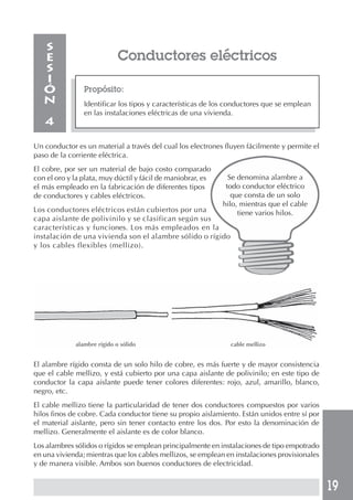 19 
Conductores eléctricos 
Propósito: 
Identificar los tipos y características de los conductores que se emplean 
en las instalaciones eléctricas de una vivienda. 
SESIÓN 
4 
Un conductor es un material a través del cual los electrones fluyen fácilmente y permite el 
paso de la corriente eléctrica. 
El cobre, por ser un material de bajo costo comparado 
con el oro y la plata, muy dúctil y fácil de maniobrar, es 
Se denomina alambre a 
el más empleado en la fabricación de diferentes tipos 
todo conductor eléctrico 
de conductores y cables eléctricos. 
que consta de un solo 
hilo, mientras que el cable 
Los conductores eléctricos están cubiertos por una 
tiene varios hilos. 
capa aislante de polivinilo y se clasifican según sus 
características y funciones. Los más empleados en la 
instalación de una vivienda son el alambre sólido o rígido 
y los cables flexibles (mellizo). 
alambre rígido o sólido cable mellizo 
El alambre rígido consta de un solo hilo de cobre, es más fuerte y de mayor consistencia 
que el cable mellizo, y está cubierto por una capa aislante de polivinilo; en este tipo de 
conductor la capa aislante puede tener colores diferentes: rojo, azul, amarillo, blanco, 
negro, etc. 
El cable mellizo tiene la particularidad de tener dos conductores compuestos por varios 
hilos finos de cobre. Cada conductor tiene su propio aislamiento. Están unidos entre sí por 
el material aislante, pero sin tener contacto entre los dos. Por esto la denominación de 
mellizo. Generalmente el aislante es de color blanco. 
Los alambres sólidos o rígidos se emplean principalmente en instalaciones de tipo empotrado 
en una vivienda; mientras que los cables mellizos, se emplean en instalaciones provisionales 
y de manera visible. Ambos son buenos conductores de electricidad. 
 