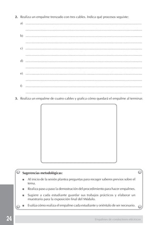 24 
2. Realiza un empalme trenzado con tres cables. Indica qué procesos seguiste: 
a) ………………………………………………………………………………………....... 
………………………………………………………………………………………....… 
b) ………………………………………………………………………………………....… 
………………………………………………………………………………………....… 
c) ………………………………………………………………………………………....… 
………………………………………………………………………………………....… 
d) ………………………………………………………………………………………....… 
……………………………………………………………………………………....…… 
e) ………………………………………………………………………………………....… 
………………………………………………………………………………………....… 
f) ………………………………………………………………………………………....… 
………………………………………………………………………………………....… 
3. Realiza un empalme de cuatro cables y grafica cómo quedará el empalme al terminar. 
Sugerencias metodológicas: 
■ Al inicio de la sesión plantea preguntas para recoger saberes previos sobre el 
tema. 
■ Realiza paso a paso la demostración del procedimiento para hacer empalmes. 
■ Sugiere a cada estudiante guardar sus trabajos prácticos y elaborar un 
muestrario para la exposición final del Módulo. 
■ Evalúa cómo realiza el empalme cada estudiante y oriéntalo de ser necesario. 
Empalmes de conductores eléctricos 
 