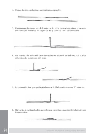 28 
4. Coloca los dos conductores a empalmar en paralelo. 
5. Presiona con los dedos uno de los dos cables en la zona pelada, dobla el extremo 
del conductor formando un ángulo de 90° y colócalo cerca del otro cable. 
6. Da vueltas a la punta del cable que sobresale sobre el eje del otro. Las vueltas 
deben quedar juntas unas con otras. 
7. La punta del cable que queda pendiente se dobla hasta formar una “T” invertida. 
8. Da vueltas la punta del cable que sobresale en sentido opuesto sobre el eje del otro 
hasta terminar. 
Empalmes eléctricos de prolongación y derivación 
 