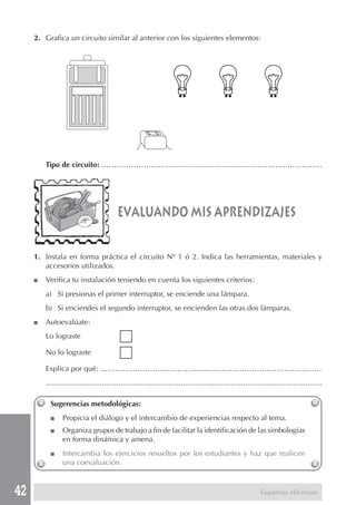 42 
2. Grafica un circuito similar al anterior con los siguientes elementos: 
Tipo de circuito: ………………………...........................................………….…………. 
evaluando mis aprendizajes 
1. Instala en forma práctica el circuito Nº 1 ó 2. Indica las herramientas, materiales y 
accesorios utilizados. 
■ Verifica tu instalación teniendo en cuenta los siguientes criterios: 
a) Si presionas el primer interruptor, se enciende una lámpara. 
b) Si enciendes el segundo interruptor, se encienden las otras dos lámparas. 
■ Autoevalúate: 
Lo lograste 
No lo lograste 
Explica por qué: ……………………………….............…………………………………… 
..................................................................................................................................... 
Sugerencias metodológicas: 
■ Propicia el diálogo y el intercambio de experiencias respecto al tema. 
■ Organiza grupos de trabajo a fin de facilitar la identificación de las simbologías 
en forma dinámica y amena. 
■ Intercambia los ejercicios resueltos por los estudiantes y haz que realicen 
una coevaluación. 
Esquemas eléctricos 
 