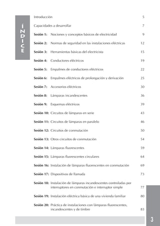 3 
Introducción 5 
Capacidades a desarrollar 7 
Sesión 1: Nociones y conceptos básicos de electricidad 9 
Sesión 2: Normas de seguridad en las instalaciones eléctricas 12 
Sesión 3: Herramientas básicas del electricista 15 
Sesión 4: Conductores eléctricos 19 
Sesión 5: Empalmes de conductores eléctricos 22 
Sesión 6: Empalmes eléctricos de prolongación y derivación 25 
Sesión 7: Accesorios eléctricos 30 
Sesión 8: Lámparas incandescentes 36 
Sesión 9: Esquemas eléctricos 39 
Sesión 10: Circuitos de lámparas en serie 43 
Sesión 11: Circuitos de lámparas en paralelo 46 
Sesión 12: Circuitos de conmutación 50 
Sesión 13: Otros circuitos de conmutación 54 
Sesión 14: Lámparas fluorescentes 59 
Sesión 15: Lámparas fluorescentes circulares 64 
Sesión 16: Instalación de lámparas fluorescentes en conmutación 69 
Sesión 17: Dispositivos de llamada 73 
Sesión 18: Instalación de lámparas incandescentes controladas por 
interruptores en conmutación e interruptor simple 77 
Sesión 19: Instalación eléctrica básica de una vivienda familiar 80 
Sesión 20: Práctica de instalaciones con lámparas fluorescentes, 
incandescentes y de timbre 83 
ÍNDICE 
 