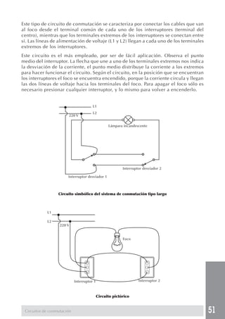 51 
Este tipo de circuito de conmutación se caracteriza por conectar los cables que van 
al foco desde el terminal común de cada uno de los interruptores (terminal del 
centro), mientras que los terminales extremos de los interruptores se conectan entre 
sí. Las líneas de alimentación de voltaje (L1 y L2) llegan a cada uno de los terminales 
extremos de los interruptores. 
Este circuito es el más empleado, por ser de fácil aplicación. Observa el punto 
medio del interruptor. La flecha que une a uno de los terminales extremos nos indica 
la desviación de la corriente, el punto medio distribuye la corriente a los extremos 
para hacer funcionar el circuito. Según el circuito, en la posición que se encuentran 
los interruptores el foco se encuentra encendido, porque la corriente circula y llegan 
las dos líneas de voltaje hacia los terminales del foco. Para apagar el foco sólo es 
necesario presionar cualquier interruptor, y lo mismo para volver a encenderlo. 
Circuito simbólico del sistema de conmutación tipo largo 
Circuito pictórico 
L1 
L2 
Circuitos de conmutación 
Foco 
Interruptor 1 Interruptor 2 
220 V 
L1 
L2 
Lámpara incandescente 
Interruptor desviador 1 
Interruptor desviador 2 
220 V 
 
