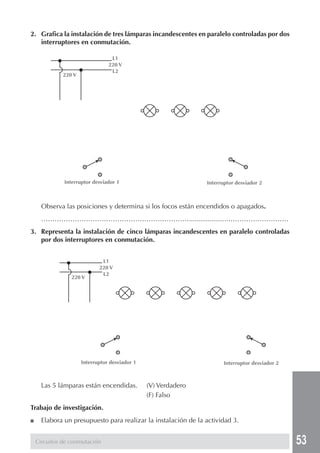53 
2. Grafica la instalación de tres lámparas incandescentes en paralelo controladas por dos 
interruptores en conmutación. 
220 V 
Interruptor desviador 1 Interruptor desviador 2 
Observa las posiciones y determina si los focos están encendidos o apagados. 
………………………………………………………….....................……………………… 
3. Representa la instalación de cinco lámparas incandescentes en paralelo controladas 
por dos interruptores en conmutación. 
Interruptor desviador 1 Interruptor desviador 2 
Las 5 lámparas están encendidas. (V) Verdadero 
(F) Falso 
Trabajo de investigación. 
■ Elabora un presupuesto para realizar la instalación de la actividad 3. 
Circuitos de conmutación 
L1 
220 V 
L2 
220 V 
L1 
220 V 
L2 
 