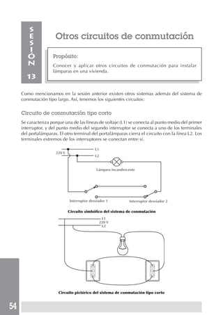54 
Otros circuitos de conmutación 
Propósito: 
Conocer y aplicar otros circuitos de conmutación para instalar 
lámparas en una vivienda. 
SESIÓN 
13 
Como mencionamos en la sesión anterior existen otros sistemas además del sistema de 
conmutación tipo largo. Así, tenemos los siguientes circuitos: 
Circuito de conmutación tipo corto 
Se caracteriza porque una de las líneas de voltaje (L1) se conecta al punto medio del primer 
interruptor, y del punto medio del segundo interruptor se conecta a uno de los terminales 
del portalámparas. El otro terminal del portalámparas cierra el circuito con la línea L2. Los 
terminales extremos de los interruptores se conectan entre sí. 
L1 
L2 
Lámpara incandescente 
Interruptor desviador 1 Interruptor desviador 2 
Circuito simbólico del sistema de conmutación 
220 V 
L1 
220 V 
L2 
Circuito pictórico del sistema de conmutación tipo corto 
 