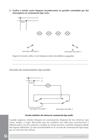 56 
2. Grafica e instala cuatro lámparas incandescentes en paralelo controladas por dos 
interruptores en conmutación tipo corto. 
L1 
L2 
Según el circuito, indica si las lámparas están encendidas o apagadas. 
………………………………………………………………………………………………... 
………………………………………………………………………………………………... 
Circuito de conmutación tipo medio 
Circuito simbólico del sistema de conmutación tipo medio 
Cuando requieras instalar lámparas en conmutación, dispones de tres sistemas: tipo 
corto, medio, y largo. Recuerda que los nombres son sólo para reconocerlos y 
diferenciarlos. Los tres sistemas cumplen la misma función: controlar lámparas desde 
dos lugares diferentes. El más recomendable es el circuito de conmutación tipo largo, 
por ser más fácil de realizar. 
Otros circuitos de conmutación 
L1 
L2 
220 V 
Interruptor desviador 1 Interruptor desviador 2 
220 V 
Interruptor desviador 1 Interruptor desviador 2 
 
