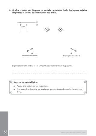 58 
2. Grafica e instala dos lámparas en paralelo controladas desde dos lugares alejados 
empleando el sistema de conmutación tipo medio. 
Según el circuito, indica si las lámparas están encendidas o apagadas. 
………………………………………………………………………………………………... 
………………………………………………………………………………………………... 
Sugerencias metodológicas: 
■ Ayuda a la lectura de los esquemas. 
■ Puedes evaluar la sesión haciendo que los estudiantes desarrollen la actividad 
1 y 2. 
Otros circuitos de conmutación 
L1 
L2 
220 V 
Interruptor desviador 1 Interruptor desviador 2 
 