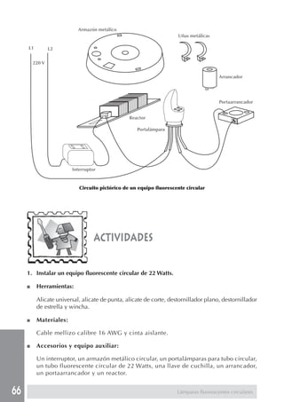 66 
Circuito pictórico de un equipo fluorescente circular 
actividades 
1. Instalar un equipo fluorescente circular de 22 Watts. 
■ Herramientas: 
Alicate universal, alicate de punta, alicate de corte, destornillador plano, destornillador 
de estrella y wincha. 
■ Materiales: 
Cable mellizo calibre 16 AWG y cinta aislante. 
■ Accesorios y equipo auxiliar: 
Un interruptor, un armazón metálico circular, un portalámparas para tubo circular, 
un tubo fluorescente circular de 22 Watts, una llave de cuchilla, un arrancador, 
un portaarrancador y un reactor. 
Lámparas fluorescentes circulares 
L1 L2 
220 V 
Armazón metálico 
Uñas metálicas 
Arrancador 
Reactor 
Portalámpara 
Interruptor 
Portaarrancador 
 