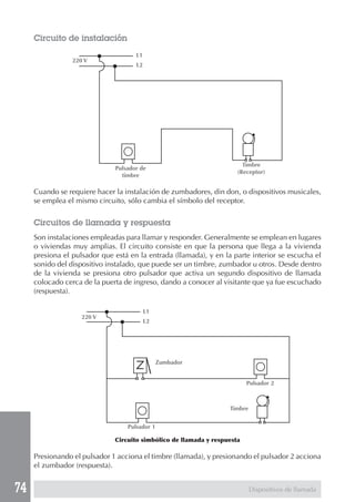 74 
Circuito de instalación 
Cuando se requiere hacer la instalación de zumbadores, din don, o dispositivos musicales, 
se emplea el mismo circuito, sólo cambia el símbolo del receptor. 
Circuitos de llamada y respuesta 
Son instalaciones empleadas para llamar y responder. Generalmente se emplean en lugares 
o viviendas muy amplias. El circuito consiste en que la persona que llega a la vivienda 
presiona el pulsador que está en la entrada (llamada), y en la parte interior se escucha el 
sonido del dispositivo instalado, que puede ser un timbre, zumbador u otros. Desde dentro 
de la vivienda se presiona otro pulsador que activa un segundo dispositivo de llamada 
colocado cerca de la puerta de ingreso, dando a conocer al visitante que ya fue escuchado 
(respuesta). 
Circuito simbólico de llamada y respuesta 
Presionando el pulsador 1 acciona el timbre (llamada), y presionando el pulsador 2 acciona 
el zumbador (respuesta). 
Dispositivos de llamada 
L1 
L2 
220 V 
Pulsador de 
timbre 
Timbre 
(Receptor) 
Pulsador 1 
Pulsador 2 
Zumbador 
Timbre 
L1 
L2 
220 V 
 