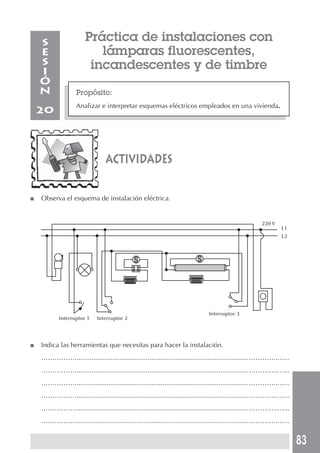 83 
Práctica de instalaciones con 
lámparas fluorescentes, 
incandescentes y de timbre 
Propósito: 
Analizar e interpretar esquemas eléctricos empleados en una vivienda. 
SESIÓN 
20 
actividades 
■ Observa el esquema de instalación eléctrica. 
Interruptor 1 Interruptor 2 
Interruptor 3 
■ Indica las herramientas que necesitas para hacer la instalación. 
220 V 
L1 
L2 
……………............................................................................................…………..…... 
……………............................................................................................…………..…... 
……………............................................................................................…………..…... 
……………............................................................................................…………..…... 
……………............................................................................................…………..…... 
……………............................................................................................…………..…... 
 