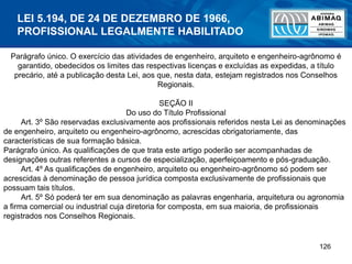 126
Parágrafo único. O exercício das atividades de engenheiro, arquiteto e engenheiro-agrônomo é
garantido, obedecidos os limites das respectivas licenças e excluídas as expedidas, a título
precário, até a publicação desta Lei, aos que, nesta data, estejam registrados nos Conselhos
Regionais.
SEÇÃO II
Do uso do Título Profissional
Art. 3º São reservadas exclusivamente aos profissionais referidos nesta Lei as denominações
de engenheiro, arquiteto ou engenheiro-agrônomo, acrescidas obrigatoriamente, das
características de sua formação básica.
Parágrafo único. As qualificações de que trata este artigo poderão ser acompanhadas de
designações outras referentes a cursos de especialização, aperfeiçoamento e pós-graduação.
Art. 4º As qualificações de engenheiro, arquiteto ou engenheiro-agrônomo só podem ser
acrescidas à denominação de pessoa jurídica composta exclusivamente de profissionais que
possuam tais títulos.
Art. 5º Só poderá ter em sua denominação as palavras engenharia, arquitetura ou agronomia
a firma comercial ou industrial cuja diretoria for composta, em sua maioria, de profissionais
registrados nos Conselhos Regionais.
LEI 5.194, DE 24 DE DEZEMBRO DE 1966,
PROFISSIONAL LEGALMENTE HABILITADO
 