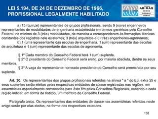 138
a) 15 (quinze) representantes de grupos profissionais, sendo 9 (nove) engenheiros
representantes de modalidades de engenharia estabelecida em termos genéricos pelo Conselho
Federal, no mínimo de 3 (três) modalidades, de maneira a corresponderem às formações técnicas
constantes dos registros nele existentes; 3 (três) arquitetos e 3 (três) engenheiros-agrônomos;
b) 1 (um) representante das escolas de engenharia, 1 (um) representante das escolas
de arquitetura e 1 (um) representante das escolas de agronomia.
§ 1º Cada membro do Conselho Federal terá 1 (um) suplente.
§ 2º O presidente do Conselho Federal será eleito, por maioria absoluta, dentre os seus
membros.
§ 3º A vaga do representante nomeado presidente do Conselho será preenchida por seu
suplente.
Art. 30. Os representantes dos grupos profissionais referidos na alínea " a " do Ed. extra 29 e
seus suplentes serão eleitos pelas respectivas entidades de classe registradas nas regiões, em
assembleias especialmente convocadas para êste fim pelos Conselhos Regionais, cabendo a cada
região indicar, em forma de rodízio, um membro do Conselho Federal.
Parágrafo único. Os representantes das entidades de classe nas assembleias referidas neste
artigo serão por elas eleitos, na forma dos respectivos estatutos.
LEI 5.194, DE 24 DE DEZEMBRO DE 1966,
PROFISSIONAL LEGALMENTE HABILITADO
 