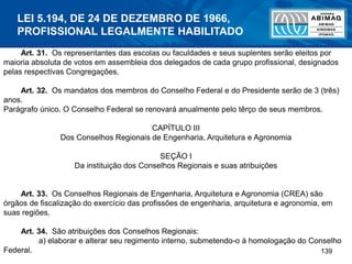 139
Art. 31. Os representantes das escolas ou faculdades e seus suplentes serão eleitos por
maioria absoluta de votos em assembleia dos delegados de cada grupo profissional, designados
pelas respectivas Congregações.
Art. 32. Os mandatos dos membros do Conselho Federal e do Presidente serão de 3 (três)
anos.
Parágrafo único. O Conselho Federal se renovará anualmente pelo têrço de seus membros.
CAPÍTULO III
Dos Conselhos Regionais de Engenharia, Arquitetura e Agronomia
SEÇÃO I
Da instituição dos Conselhos Regionais e suas atribuições
Art. 33. Os Conselhos Regionais de Engenharia, Arquitetura e Agronomia (CREA) são
órgãos de fiscalização do exercício das profissões de engenharia, arquitetura e agronomia, em
suas regiões.
Art. 34. São atribuições dos Conselhos Regionais:
a) elaborar e alterar seu regimento interno, submetendo-o à homologação do Conselho
Federal.
LEI 5.194, DE 24 DE DEZEMBRO DE 1966,
PROFISSIONAL LEGALMENTE HABILITADO
 