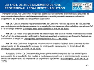 143
Parágrafo único. Os Conselhos Regionais destinarão anualmente a renda líquida provinda da
arrecadação das multas a medidas que objetivem o aperfeiçoamento técnico e cultural do
engenheiro, do arquiteto e do engenheiro-agrônomo.
Art. 36. Cada Conselho Regional recolherá ao Conselho Federal a parcela de 15% (quinze
por cento) da renda bruta proveniente da arrecadação das taxas e multas referidas nas alíneas "a"
e "b" do artigo anterior. (Redação dada pelo Decreto Lei nº 620, de 1969)
Art. 36. Da renda bruta proveniente da arrecadação das taxas e multas referidas nas alíneas
" a " e " b " do artigo anterior, o Conselho Regional recolherá um décimo ao Conselho Federal, de
acordo com o artigo 28. (Revigorado pelo Decreto-Lei nº 711, de 1969).
Art. 36 - Os Conselhos Regionais recolherão ao Conselho Federal, até o dia trinta do mês
subsequente ao da arrecadação, a quota de participação estabelecida no item I do art. 28.
(Redação dada pela Lei nº 6.619, de 1978)
Parágrafo único - Os Conselhos Regionais poderão destinar parte de sua renda líquida,
proveniente da arrecadação das multas, a medidas que objetivem o aperfeiçoamento técnico e
cultura do engenheiro, do arquiteto e do engenheiro-agrônomo. (Incluído pela Lei nº 6.619, de
1978).
LEI 5.194, DE 24 DE DEZEMBRO DE 1966,
PROFISSIONAL LEGALMENTE HABILITADO
 