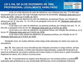 156
a) de um a três décimos do valor de referência, aos infratores dos arts. 17 e 58 e das
disposições para as quais não haja indicação expressa de penalidade; (Redação dada pela Lei nº
6.619, de 1978) (Vide Lei nº 6.496, de 1977)
b) de três a seis décimos do valor de referência, às pessoas físicas, por infração da
alínea b do art. 6º, dos arts. 13, 14 e 55 ou do parágrafo único do art. 64; (Redação dada pela Lei
nº 6.619, de 1978)
c) de meio a um valor de referência, às pessoas jurídicas, por infração dos arts. 13, 14,
59 e 60, e parágrafo único do art. 64; (Redação dada pela Lei nº 6.619, de 1978)
d) de meio a um valor de referência, às pessoas físicas, por infração das alíneas a, c e d
do art. 6º; (Redação dada pela Lei nº 6.619, de 1978)
e) de meio a três valores de referência, às pessoas jurídicas, por infração do art. 6º.
(Redação dada pela Lei nº 6.619, de 1978)
Parágrafo único. As multas referidas neste artigo serão aplicadas em dobro nos casos de
reincidência.
Art. 74. Nos casos de nova reincidência das infrações previstas no artigo anterior, alíneas
"c", "d" e " e" , será imposta, a critério das Câmaras Especializadas, suspensão temporária do
exercício profissional, por prazos variáveis de 6 (seis) meses a 2 (dois) anos e, pelos Conselhos
Regionais em pleno, de 2 (dois) a 5 (cinco) anos.
Art. 75. O cancelamento do registro será efetuado por má conduta pública e escândalos
praticados pelo profissional ou sua condenação definitiva por crime considerado infamante.
LEI 5.194, DE 24 DE DEZEMBRO DE 1966,
PROFISSIONAL LEGALMENTE HABILITADO
 