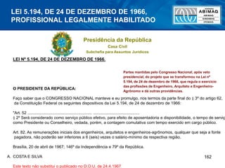 162
Partes mantidas pelo Congresso Nacional, após veto
presidencial, do projeto que se transformou na Lei nº
5.194, de 24 de dezembro de 1966, que regula o exercício
das profissões de Engenheiro, Arquiteto e Engenheiro-
Agrônomo e dá outras providências.
LEI Nº 5.194, DE 24 DE DEZEMBRO DE 1966.
O PRESIDENTE DA REPÚBLICA:
Faço saber que o CONGRESSO NACIONAL manteve e eu promulgo, nos termos da parte final do § 3º do artigo 62,
da Constituição Federal os seguintes dispositivos da Lei 5.194, de 24 de dezembro de 1966:
"Art. 52 ......................................................... .........................................
§ 2º Será considerado como serviço público efetivo, para efeito de aposentadoria e disponibilidade, o tempo de serviç
como Presidente ou Conselheiro, vedada, porém, a contagem comutativa com tempo exercido em cargo público.
Art. 82. As remunerações iniciais dos engenheiros, arquitetos e engenheiros-agrônomos, qualquer que seja a fonte
pagadora, não poderão ser inferiores a 6 (seis) vezes o salário-mínimo da respectiva região.
Brasília, 20 de abril de 1967; 146º da Independência e 79º da República.
A. COSTA E SILVA
Este texto não substitui o publicado no D.O.U. de 24.4.1967
Presidência da República
Casa Civil
Subchefia para Assuntos Jurídicos
LEI 5.194, DE 24 DE DEZEMBRO DE 1966,
PROFISSIONAL LEGALMENTE HABILITADO
 