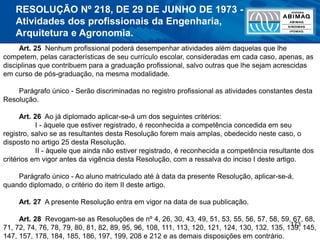 173
Art. 25 Nenhum profissional poderá desempenhar atividades além daquelas que lhe
competem, pelas características de seu currículo escolar, consideradas em cada caso, apenas, as
disciplinas que contribuem para a graduação profissional, salvo outras que lhe sejam acrescidas
em curso de pós-graduação, na mesma modalidade.
Parágrafo único - Serão discriminadas no registro profissional as atividades constantes desta
Resolução.
Art. 26 Ao já diplomado aplicar-se-á um dos seguintes critérios:
I - àquele que estiver registrado, é reconhecida a competência concedida em seu
registro, salvo se as resultantes desta Resolução forem mais amplas, obedecido neste caso, o
disposto no artigo 25 desta Resolução.
II - àquele que ainda não estiver registrado, é reconhecida a competência resultante dos
critérios em vigor antes da vigência desta Resolução, com a ressalva do inciso I deste artigo.
Parágrafo único - Ao aluno matriculado até à data da presente Resolução, aplicar-se-á,
quando diplomado, o critério do item II deste artigo.
Art. 27 A presente Resolução entra em vigor na data de sua publicação.
Art. 28 Revogam-se as Resoluções de nº 4, 26, 30, 43, 49, 51, 53, 55, 56, 57, 58, 59, 67, 68,
71, 72, 74, 76, 78, 79, 80, 81, 82, 89, 95, 96, 108, 111, 113, 120, 121, 124, 130, 132, 135, 139, 145,
147, 157, 178, 184, 185, 186, 197, 199, 208 e 212 e as demais disposições em contrário.
RESOLUÇÃO Nº 218, DE 29 DE JUNHO DE 1973 -
Atividades dos profissionais da Engenharia,
Arquitetura e Agronomia.
 