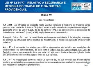 205
SEÇÃO XVI
Das Penalidades
Art . 201 - As infrações ao disposto neste Capítulo relativas à medicina do trabalho serão
punidas com multa de 3 (três) a 30 (trinta) vezes o valor de referência previsto no artigo 2º,
parágrafo único, da Lei nº 6.205, de 29 de abril de 1975, e as concernentes à segurança do
trabalho com multa de 5 (cinco) a 50 (cinqüenta) vezes o mesmo valor.
Parágrafo único - Em caso de reincidência, embaraço ou resistência à fiscalização, emprego
de artifício ou simulação com o objetivo de fraudar a lei, a multa será aplicada em seu valor
máximo."
Art . 2º - A retroação dos efeitos pecuniários decorrentes do trabalho em condições de
insalubridade ou periculosidade, de que trata o artigo 196 da Consolidação das Leis do
Trabalho, com a nova redação dada por esta Lei, terá como limite a data da vigência desta
Lei, enquanto não decorridos 2 (dois) anos da sua vigência.
Art . 3º - As disposições contidas nesta Lei aplicam-se, no que couber, aos trabalhadores
avulsos, as entidades ou empresas que lhes tomem o serviço e aos sindicatos representativos
das respectivas categorias profissionais.
LEI Nº 6.514/77 - RELATIVO A SEGURANÇA E
MEDICINA DO TRABALHO E DÁ OUTRAS
PROVIDÊNCIAS.
 