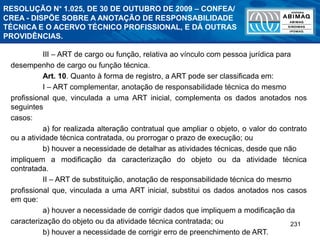 231
III – ART de cargo ou função, relativa ao vínculo com pessoa jurídica para
desempenho de cargo ou função técnica.
Art. 10. Quanto à forma de registro, a ART pode ser classificada em:
I – ART complementar, anotação de responsabilidade técnica do mesmo
profissional que, vinculada a uma ART inicial, complementa os dados anotados nos
seguintes
casos:
a) for realizada alteração contratual que ampliar o objeto, o valor do contrato
ou a atividade técnica contratada, ou prorrogar o prazo de execução; ou
b) houver a necessidade de detalhar as atividades técnicas, desde que não
impliquem a modificação da caracterização do objeto ou da atividade técnica
contratada.
II – ART de substituição, anotação de responsabilidade técnica do mesmo
profissional que, vinculada a uma ART inicial, substitui os dados anotados nos casos
em que:
a) houver a necessidade de corrigir dados que impliquem a modificação da
caracterização do objeto ou da atividade técnica contratada; ou
b) houver a necessidade de corrigir erro de preenchimento de ART.
RESOLUÇÃO N° 1.025, DE 30 DE OUTUBRO DE 2009 – CONFEA/
CREA - DISPÕE SOBRE A ANOTAÇÃO DE RESPONSABILIDADE
TÉCNICA E O ACERVO TÉCNICO PROFISSIONAL, E DÁ OUTRAS
PROVIDÊNCIAS.
 